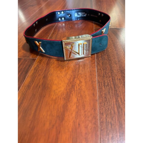 Escada Belt Green Suede with Red edging,Gold Buckle and Gold Roman Numerals